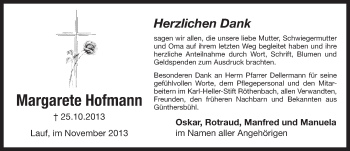 Traueranzeige von Margarete Hofmann von Pegnitz-Zeitung
